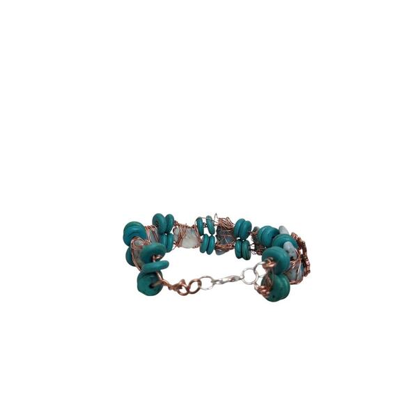 Turquoise Heishi Cooper Wire Wrapped Larimer Unicorn Key Heart Bangle - Picture 10 of 16